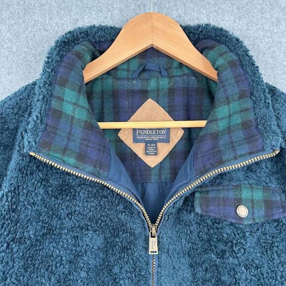 Pendleton Women's Fuzzy Zip Jacket Sherpa Coat XL Dark Blue Fleece Sweater Plaid - Picture 3 of 9